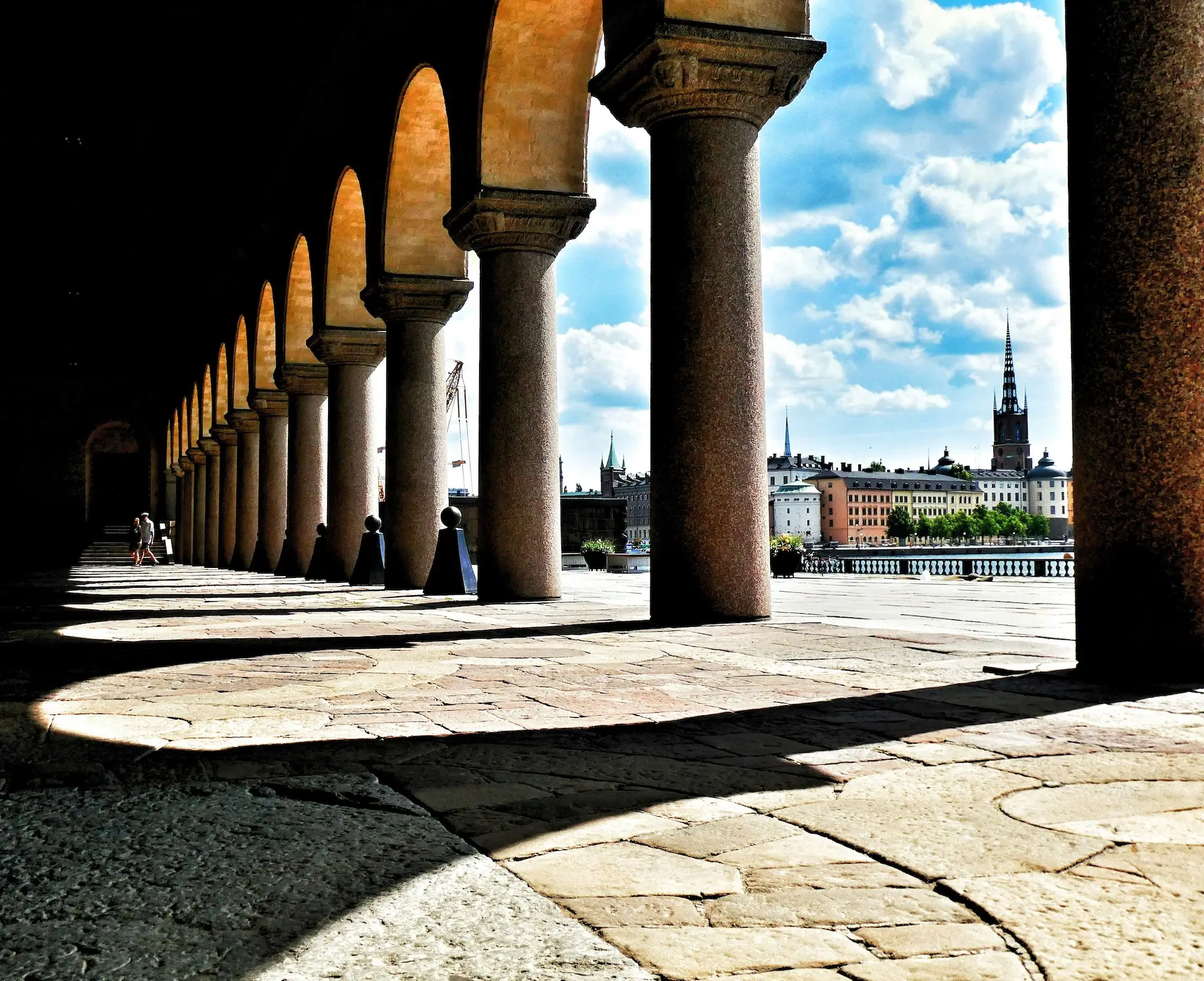 Grand Stockholm architecture with monumental columns at dusk