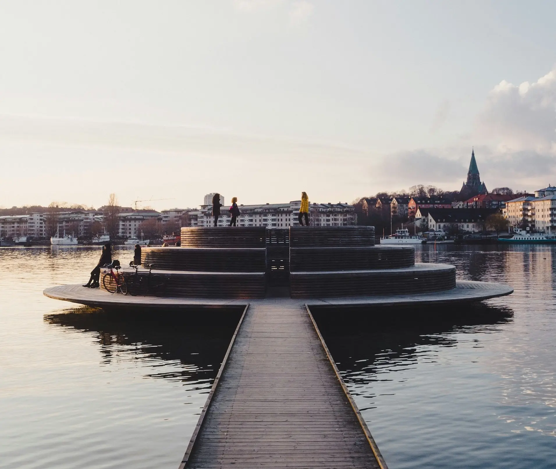 Circular waterfront pier on still Stockholm waters